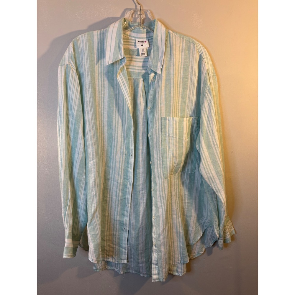 lemlem x H&M Linen Green & White Striped Button Up Blouse S Swim